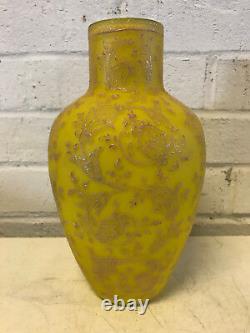 Antique Likely Thomas Webb Yellow Cased Glass Vase with Enamel Floral Decoration