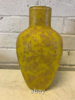 Antique Likely Thomas Webb Yellow Cased Glass Vase with Enamel Floral Decoration