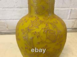 Antique Likely Thomas Webb Yellow Cased Glass Vase with Enamel Floral Decoration