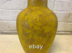 Antique Likely Thomas Webb Yellow Cased Glass Vase with Enamel Floral Decoration