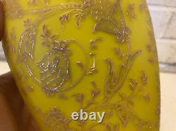 Antique Likely Thomas Webb Yellow Cased Glass Vase with Enamel Floral Decoration