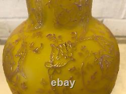 Antique Likely Thomas Webb Yellow Cased Glass Vase with Enamel Floral Decoration