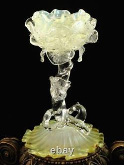 Antique Loetz Uranium Opalescent Paeonie Art Glass Floriform Candlestick Holder