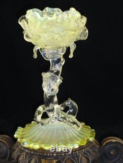 Antique Loetz Uranium Opalescent Paeonie Art Glass Floriform Candlestick Holder