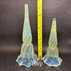 Antique Lot of 3 Victorian Uranium Vaseline Glass Epergne Trumpet Flute Vase