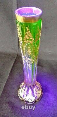 Antique MOSER Arts Green down to Rose Pink, Intaglio Etched, Gilded, Vase 1890's