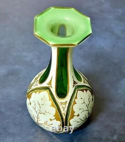 Antique MOSER Bohemian Art Glass White Cut to Green Gold Gilt Perfume Bottle