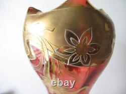 Antique MOSER Cranberry Glass Ruffle Top Stem Vase withGold Gild & Enamel Flowers