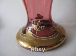 Antique MOSER Cranberry Glass Ruffle Top Stem Vase withGold Gild & Enamel Flowers