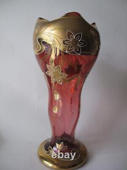 Antique MOSER Cranberry Glass Ruffle Top Stem Vase withGold Gild & Enamel Flowers