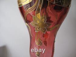 Antique MOSER Cranberry Glass Ruffle Top Stem Vase withGold Gild & Enamel Flowers