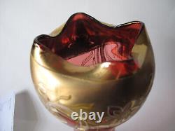 Antique MOSER Cranberry Glass Ruffle Top Stem Vase withGold Gild & Enamel Flowers