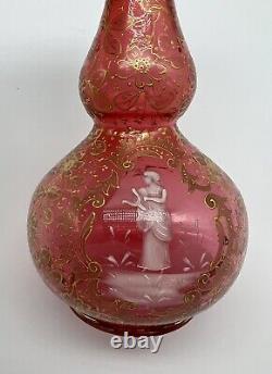 Antique MOSER Cranberry Vase withGold Gild, Mary Gregory Painting