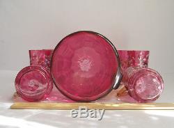 Antique MOSER Victorian CRANBERRY ENAMEL PITCHER CUP MUG Floral Art Glass SET
