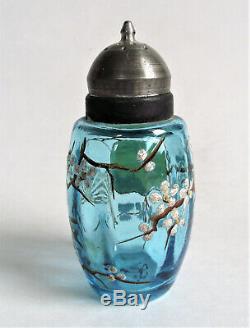 Antique MT WASHINGTON BLUE 4 BARREL RIBBED ENAMEL PAINTED Art Glass SALT SHAKER