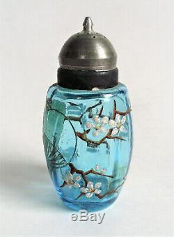Antique MT WASHINGTON BLUE 4 BARREL RIBBED ENAMEL PAINTED Art Glass SALT SHAKER