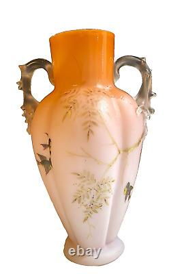 Antique MT WASHINGTON Satin Peach Paneled Cased Glass Applied Thorn Handles VASE