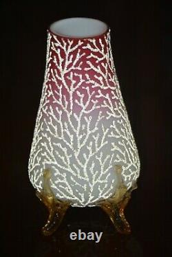 Antique MT. Washington Glass Satin Peach Blow CORALENE SEAWEED Footed Vase 8
