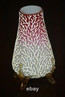 Antique MT. Washington Glass Satin Peach Blow CORALENE SEAWEED Footed Vase 8