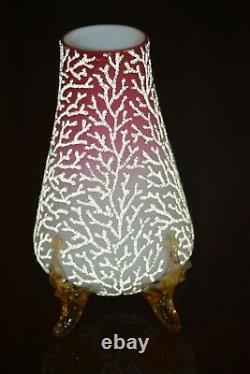 Antique MT. Washington Glass Satin Peach Blow CORALENE SEAWEED Footed Vase 8