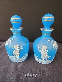 Antique Mary Gregory Blue Opaline Glass Cruet Bottles x 2 Boy Girl in Landscape