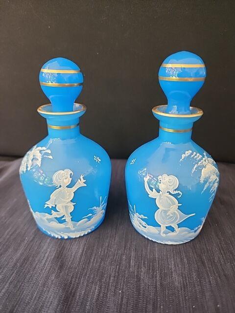 Antique Mary Gregory Blue Opaline Glass Cruet Bottles X 2 Boy Girl In Landscape