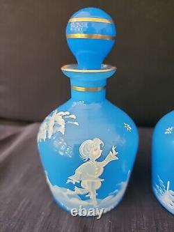 Antique Mary Gregory Blue Opaline Glass Cruet Bottles x 2 Boy Girl in Landscape