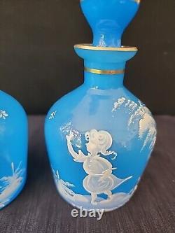 Antique Mary Gregory Blue Opaline Glass Cruet Bottles x 2 Boy Girl in Landscape