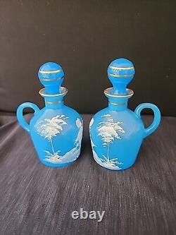 Antique Mary Gregory Blue Opaline Glass Cruet Bottles x 2 Boy Girl in Landscape