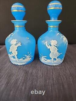 Antique Mary Gregory Blue Opaline Glass Cruet Bottles x 2 Boy Girl in Landscape