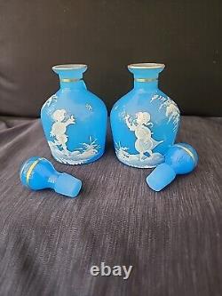 Antique Mary Gregory Blue Opaline Glass Cruet Bottles x 2 Boy Girl in Landscape