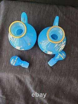 Antique Mary Gregory Blue Opaline Glass Cruet Bottles x 2 Boy Girl in Landscape