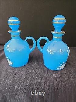 Antique Mary Gregory Blue Opaline Glass Cruet Bottles x 2 Boy Girl in Landscape