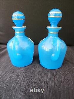 Antique Mary Gregory Blue Opaline Glass Cruet Bottles x 2 Boy Girl in Landscape