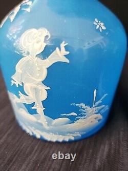 Antique Mary Gregory Blue Opaline Glass Cruet Bottles x 2 Boy Girl in Landscape