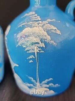 Antique Mary Gregory Blue Opaline Glass Cruet Bottles x 2 Boy Girl in Landscape