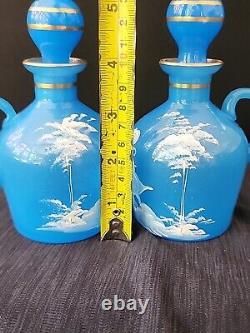 Antique Mary Gregory Blue Opaline Glass Cruet Bottles x 2 Boy Girl in Landscape