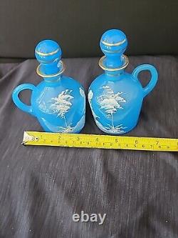 Antique Mary Gregory Blue Opaline Glass Cruet Bottles x 2 Boy Girl in Landscape