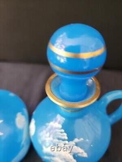 Antique Mary Gregory Blue Opaline Glass Cruet Bottles x 2 Boy Girl in Landscape