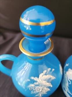 Antique Mary Gregory Blue Opaline Glass Cruet Bottles x 2 Boy Girl in Landscape