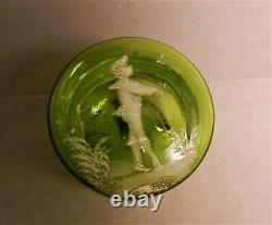 Antique Mary Gregory Green Glass Hinged Jewelry Casket Jar, Enameled