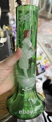 Antique Mary Gregory Green Glass Vase Hand Painted Victorian Woman w Flowers