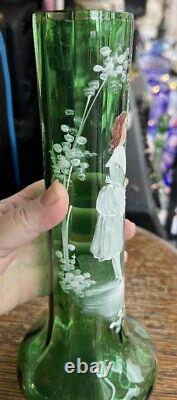 Antique Mary Gregory Green Glass Vase Hand Painted Victorian Woman w Flowers