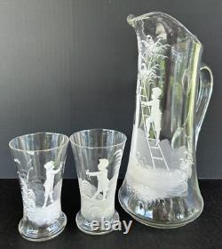 Antique Mary Gregory Pitcher Tumbler 3 Piece Set White Painted Enamel Silhouette