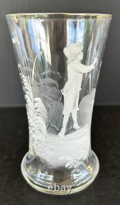 Antique Mary Gregory Pitcher Tumbler 3 Piece Set White Painted Enamel Silhouette
