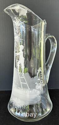 Antique Mary Gregory Pitcher Tumbler 3 Piece Set White Painted Enamel Silhouette