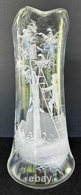 Antique Mary Gregory Pitcher Tumbler 3 Piece Set White Painted Enamel Silhouette