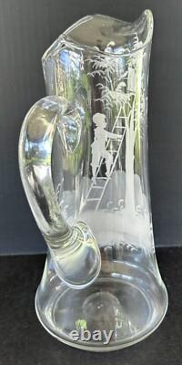 Antique Mary Gregory Pitcher Tumbler 3 Piece Set White Painted Enamel Silhouette