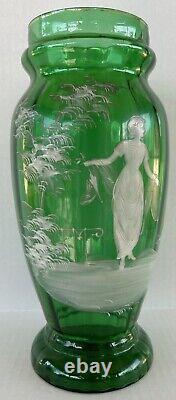 Antique Mary Gregory Vase 11.75 Green White Enamel Silhouette Victorian Woman