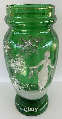 Antique Mary Gregory Vase 11.75 Green White Enamel Silhouette Victorian Woman